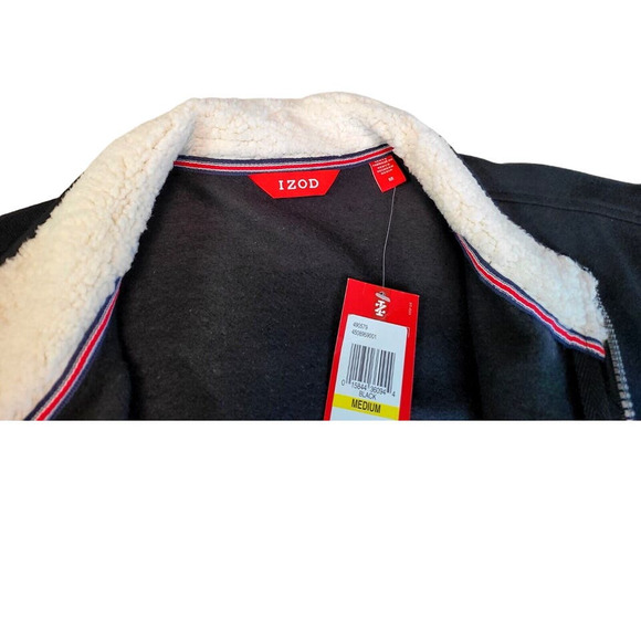 IZOD Men’s Fleece Full Zip Jacket M L Black Cotton Polyester Faux Fur Collar New - Picture 6 of 10